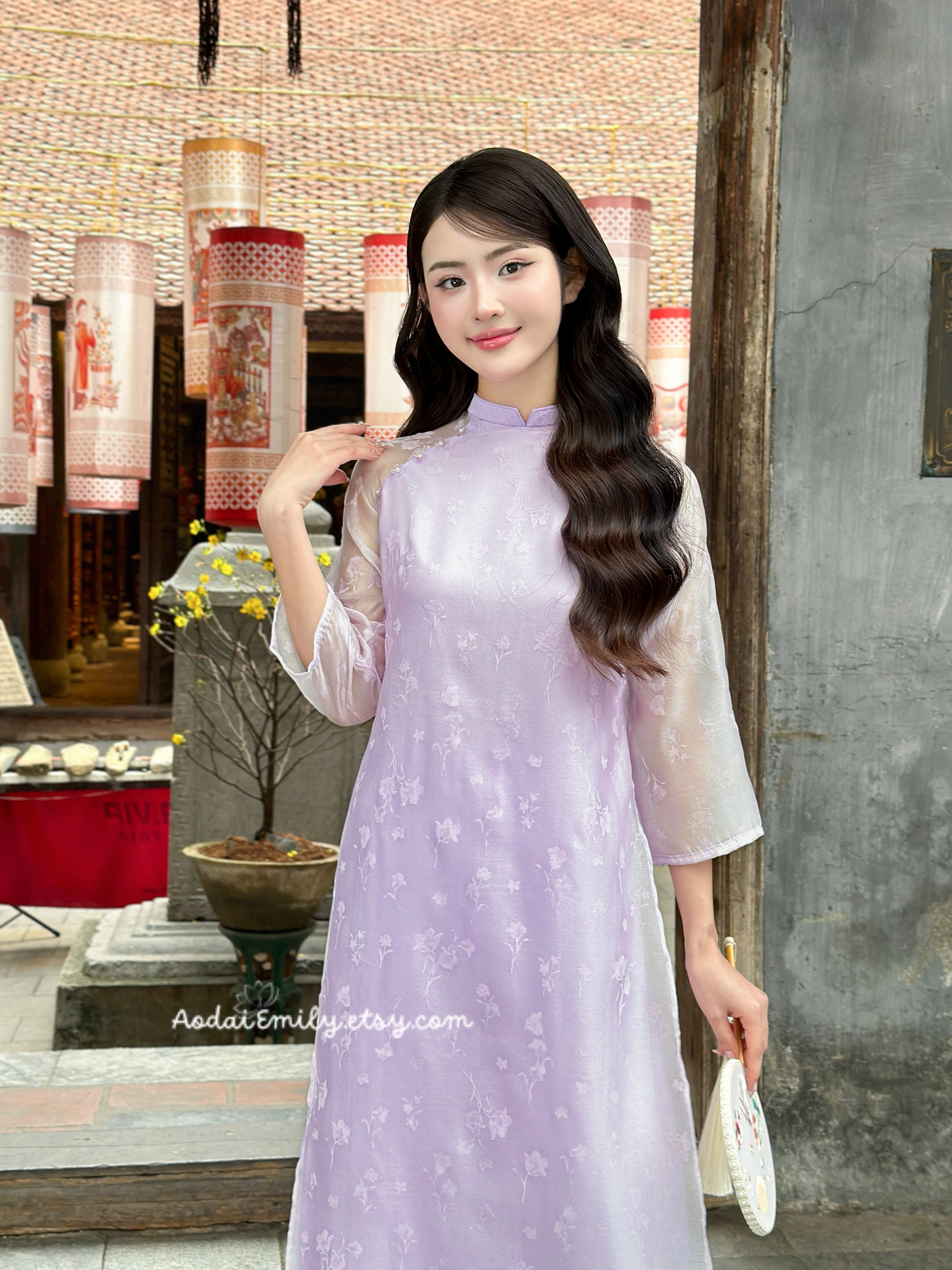 Pastel Purple modern ao dai with flowers patterns| Ella