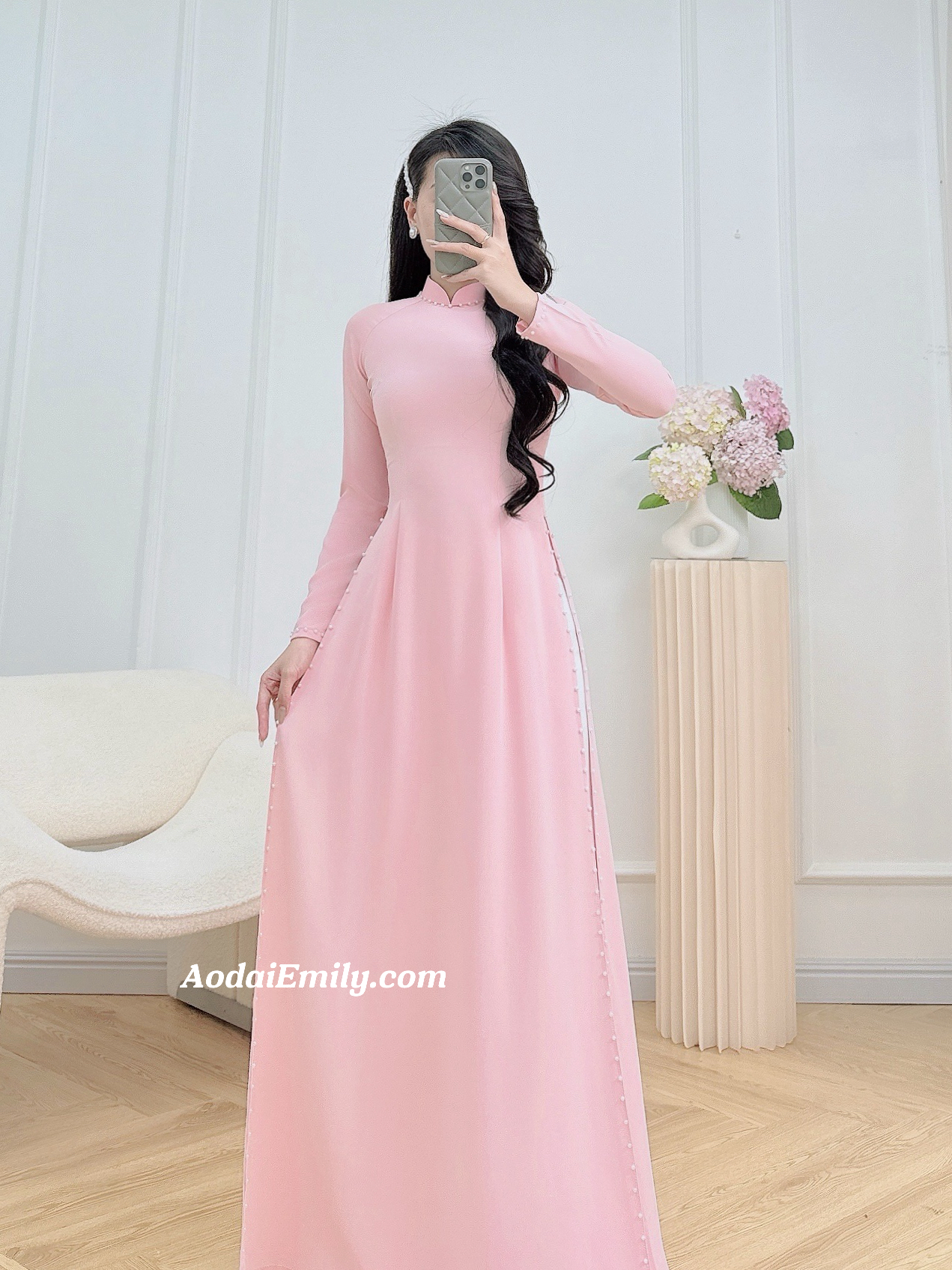 Plain Pink ao dai with pearls|