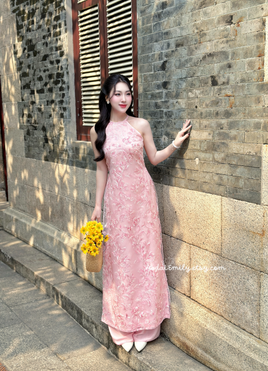 ALYSSA Sleeveless Pink flowers embroidery patterns Pre made ao dai