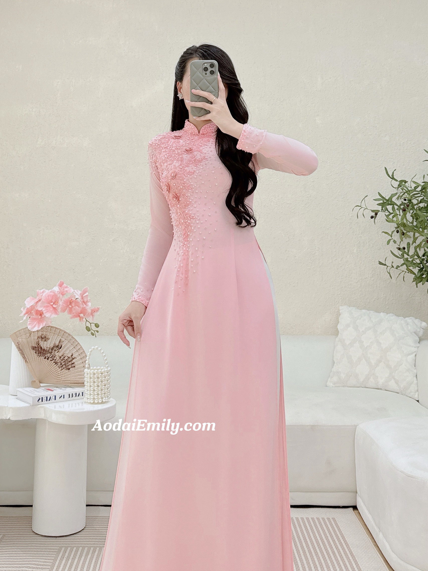 Pink Ao dai with designed crystals| Tiger lily