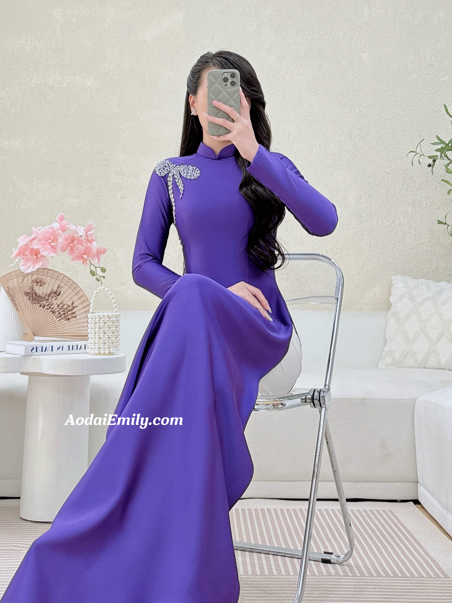 Purple ao dai with Hand beading bows
