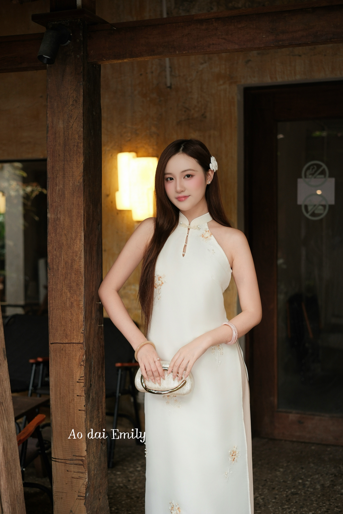 Beige Sleeveless Pre made ao dai with pearls beading embroidery| Cactus