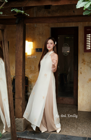 Beige Sleeveless Pre made ao dai with pearls beading embroidery| Cactus
