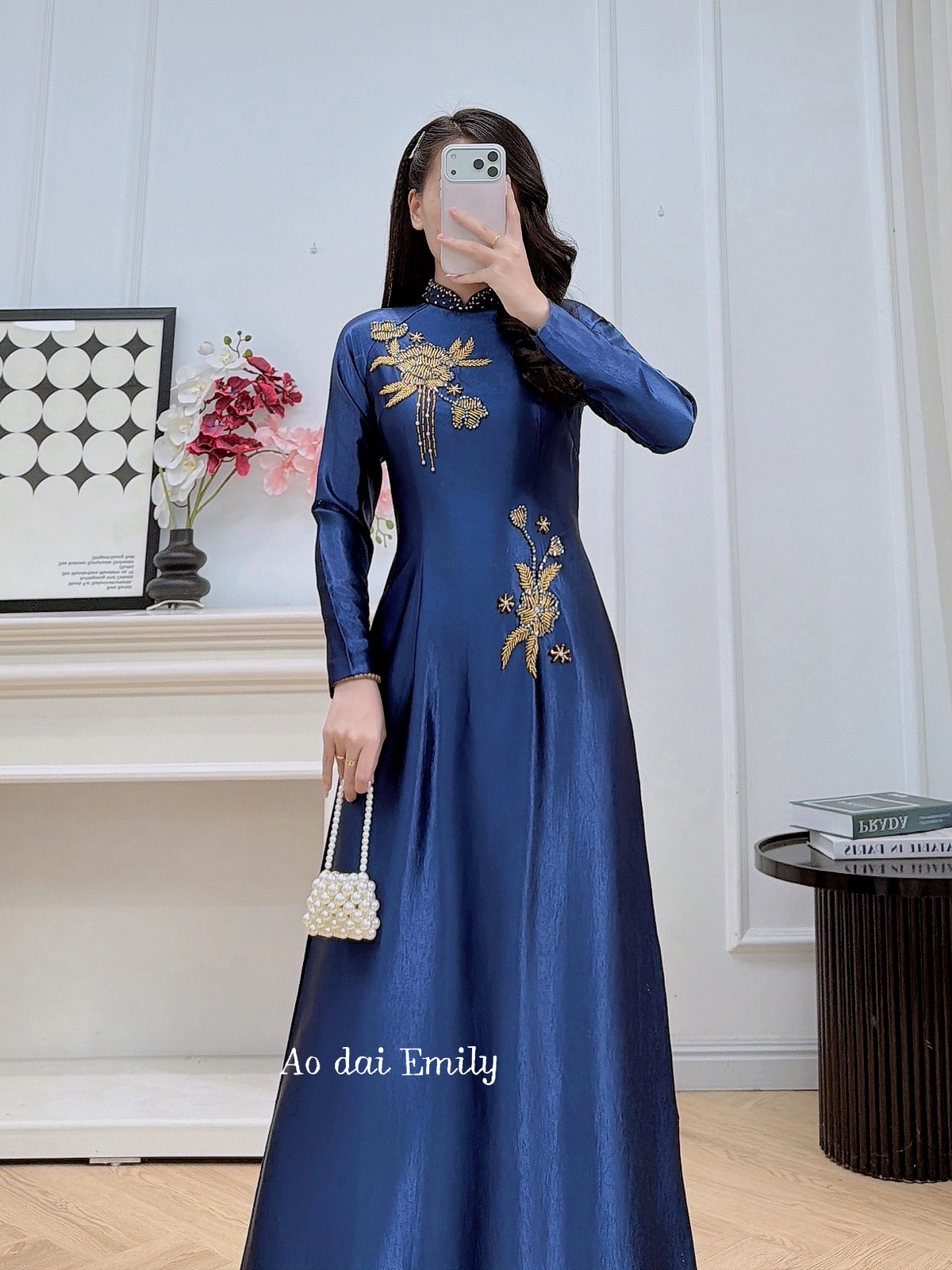Dark Blue ao dai with beading design| Lokelani