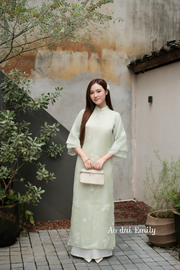 Lime green Modern ao dai with puffy sleeves | Satin Flowers