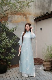 Baby blue Modern ao dai with puffy sleeves | Rose garlic