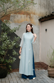 Baby blue Modern ao dai with ribbons and beading design| Sea thrift