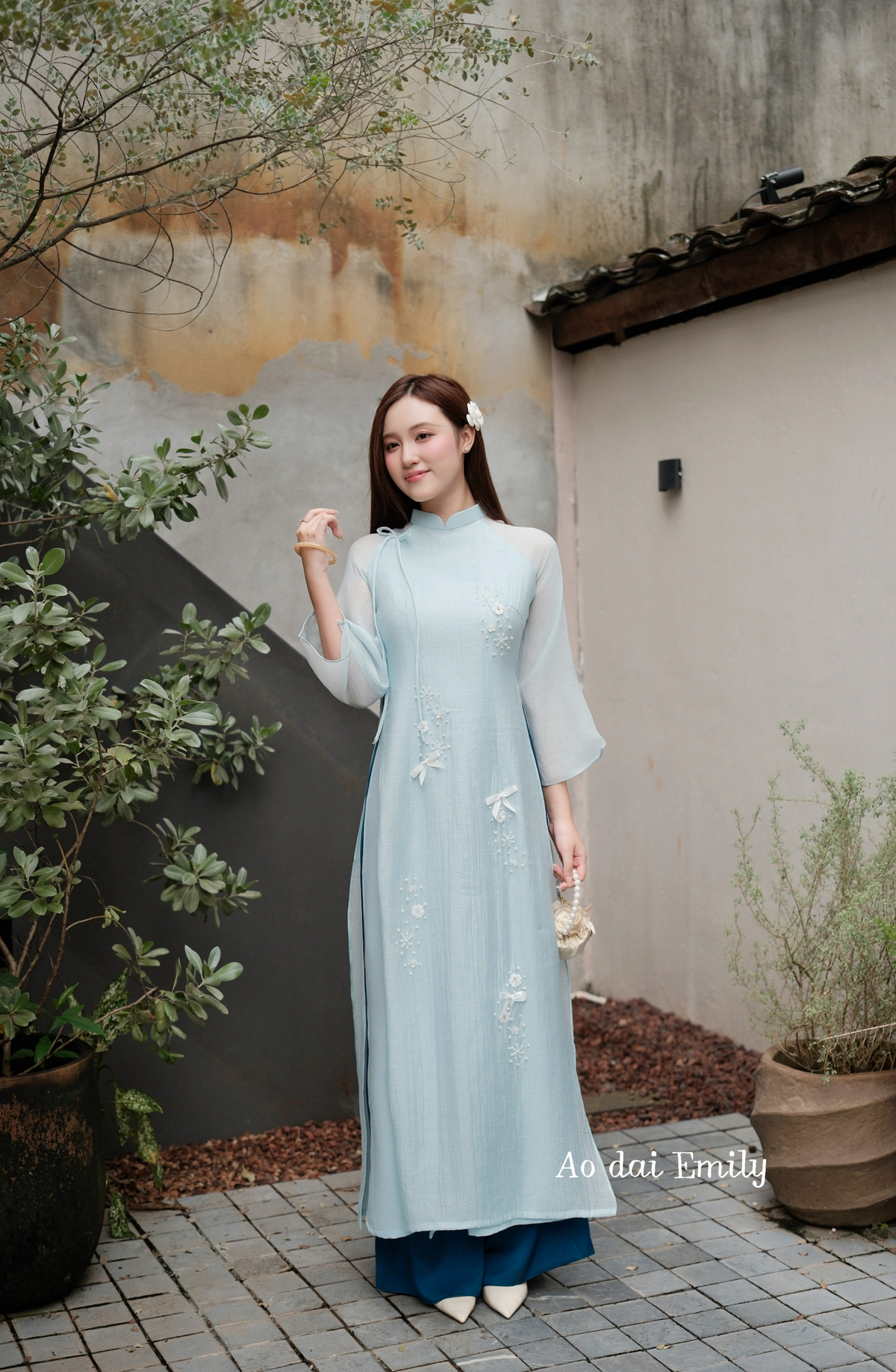 Baby blue Modern ao dai with ribbons and beading design| Sea thrift