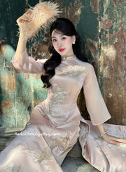 Pastel pink Spring flowers pattern| Taffeta ao dai set|| Butterfly bush