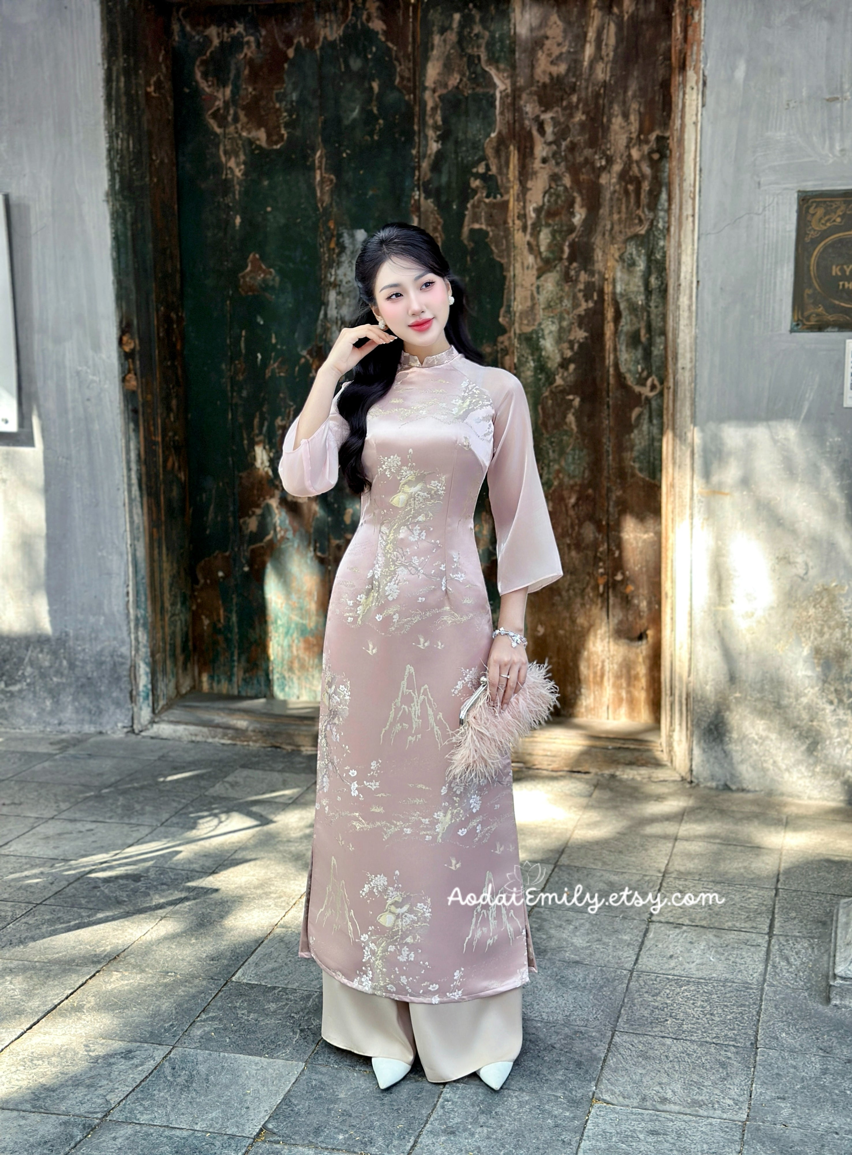Pastel pink Spring flowers pattern| Taffeta ao dai set|| Butterfly bush