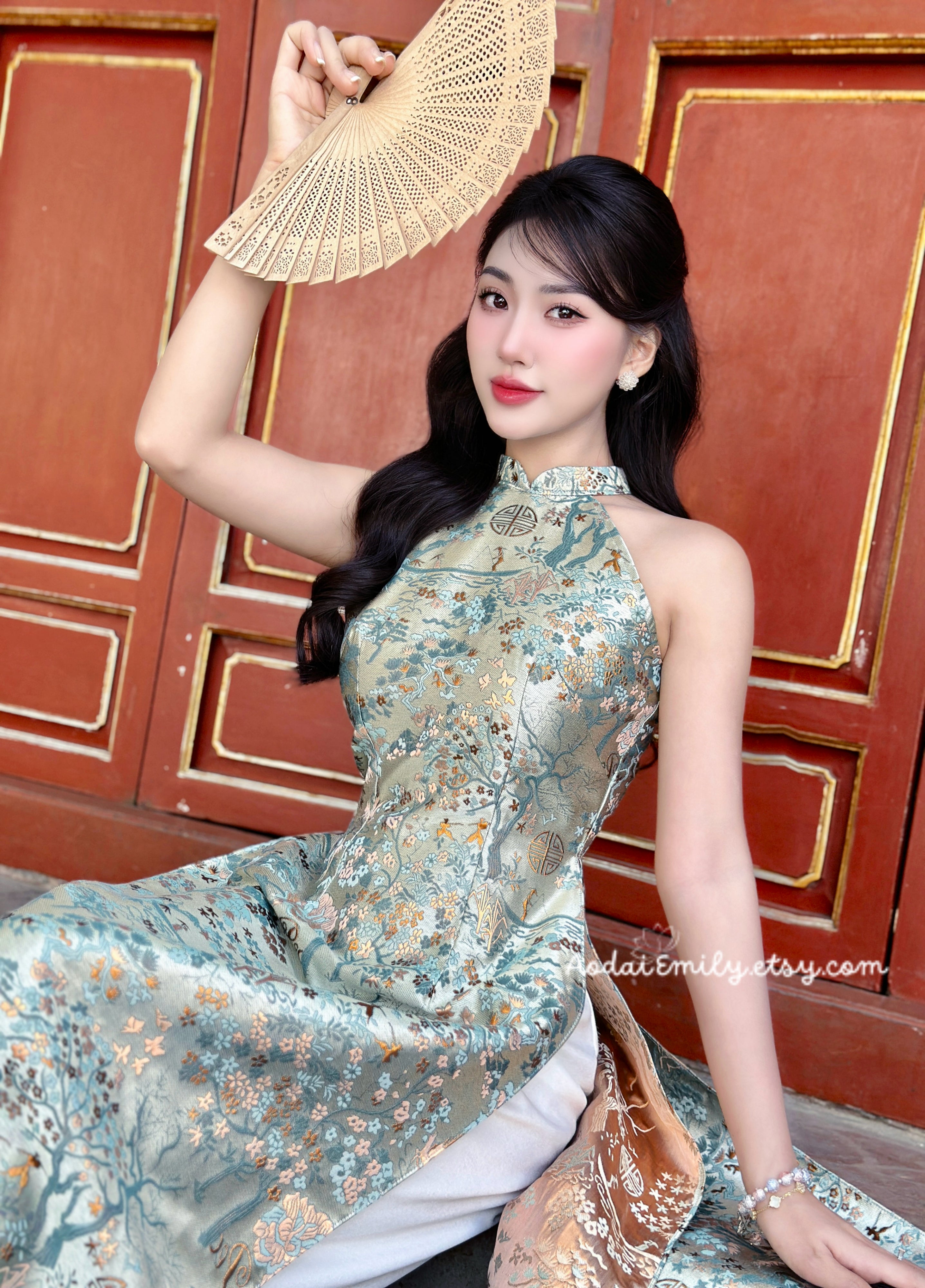 Sleeveless Spring patterns Pre made ao dai| Sugarbowl Clematis