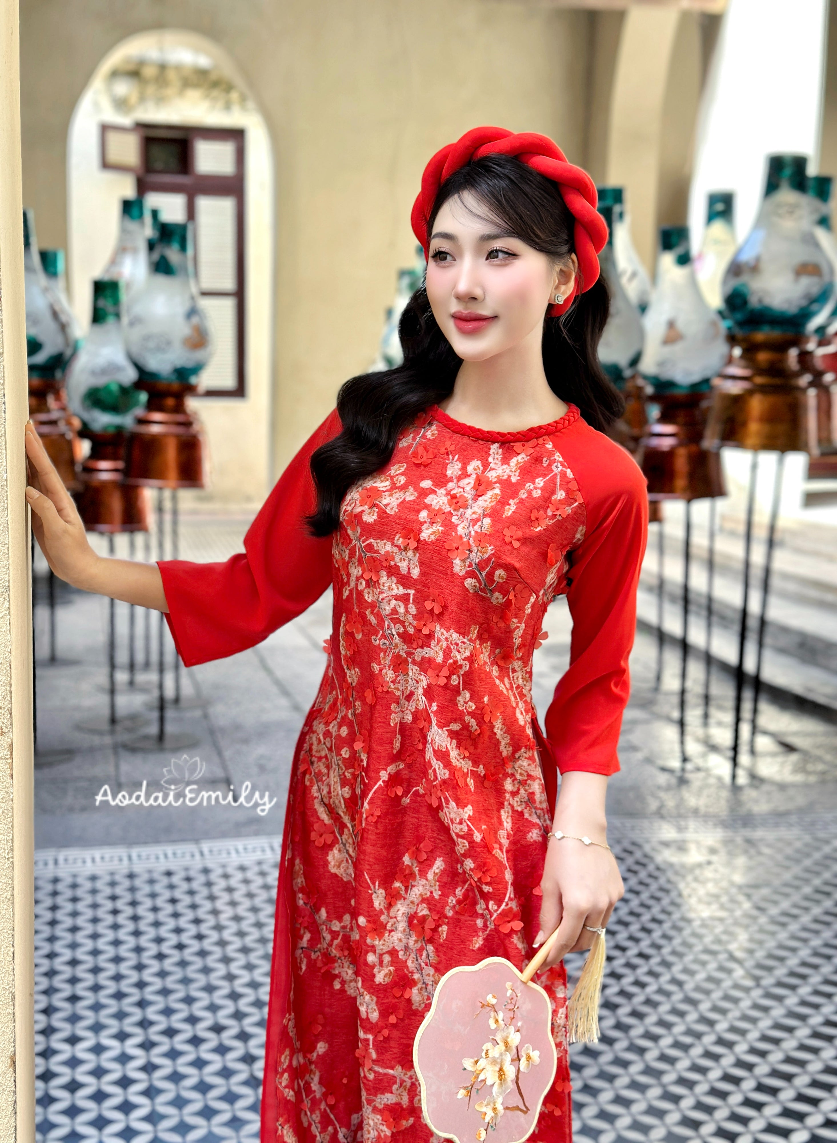 Red Loosing style Ao Dai with Cherry Blossom