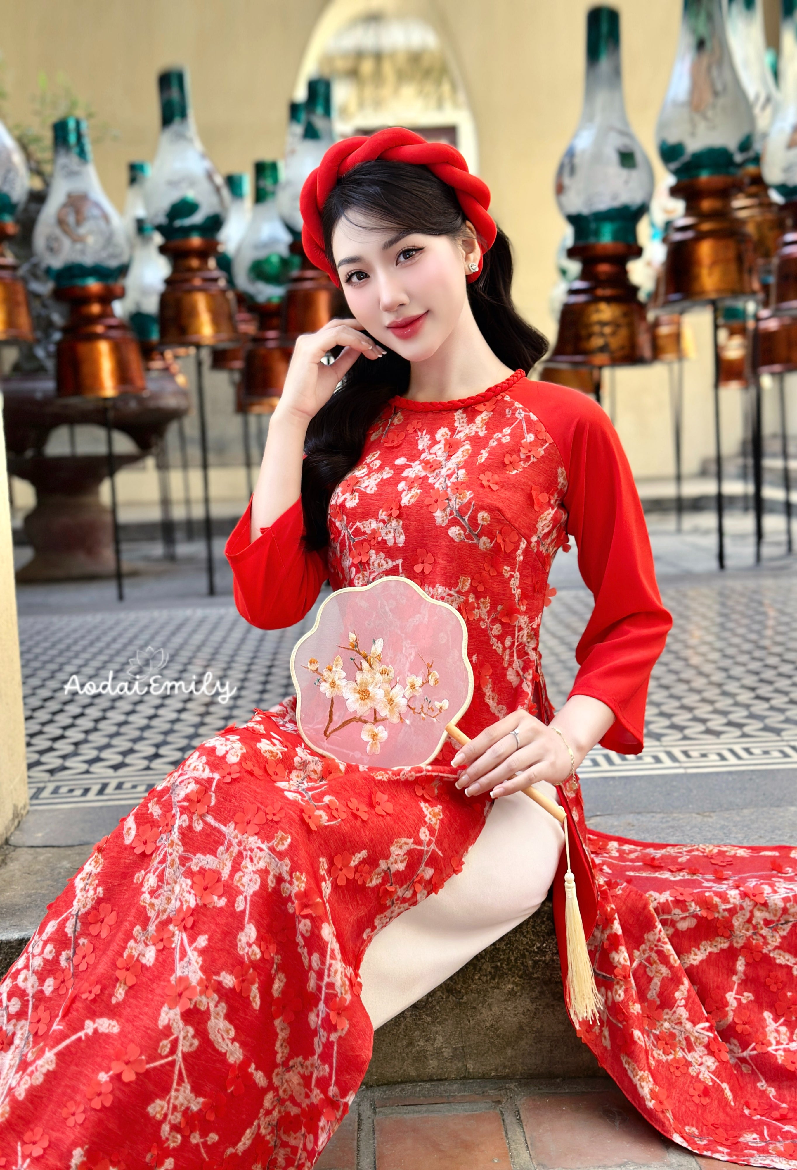 Red Loosing style Ao Dai with Cherry Blossom