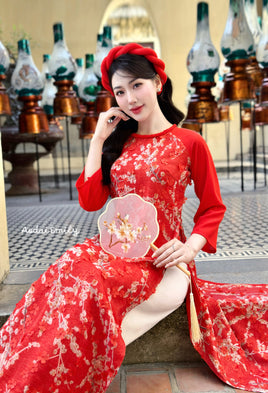 KATIE Red Loosing style Ao Dai with Cherry Blossom