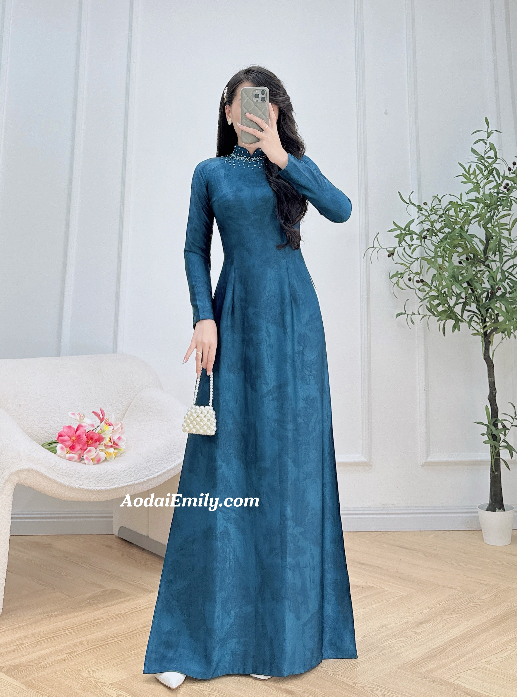Dark Blue Ao dai with hand beading crystals