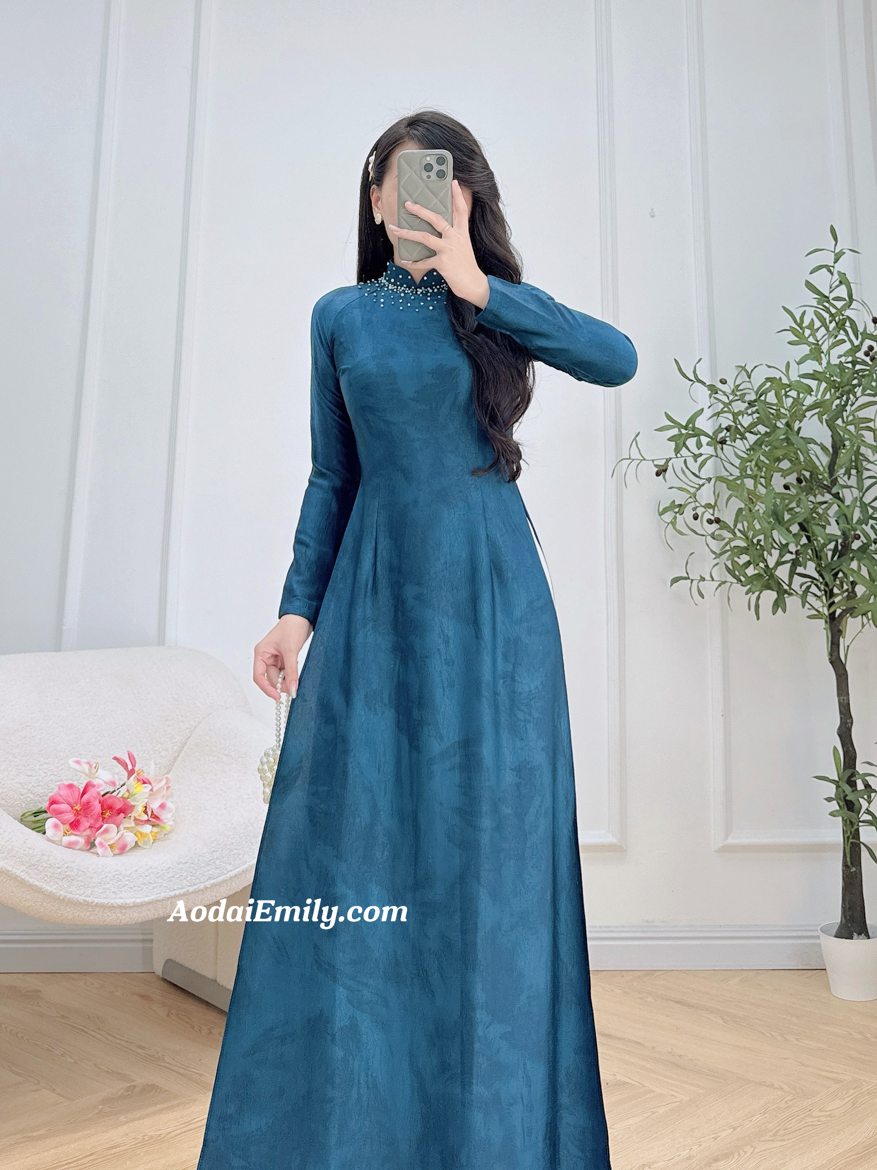Dark Blue Ao dai with hand beading crystals