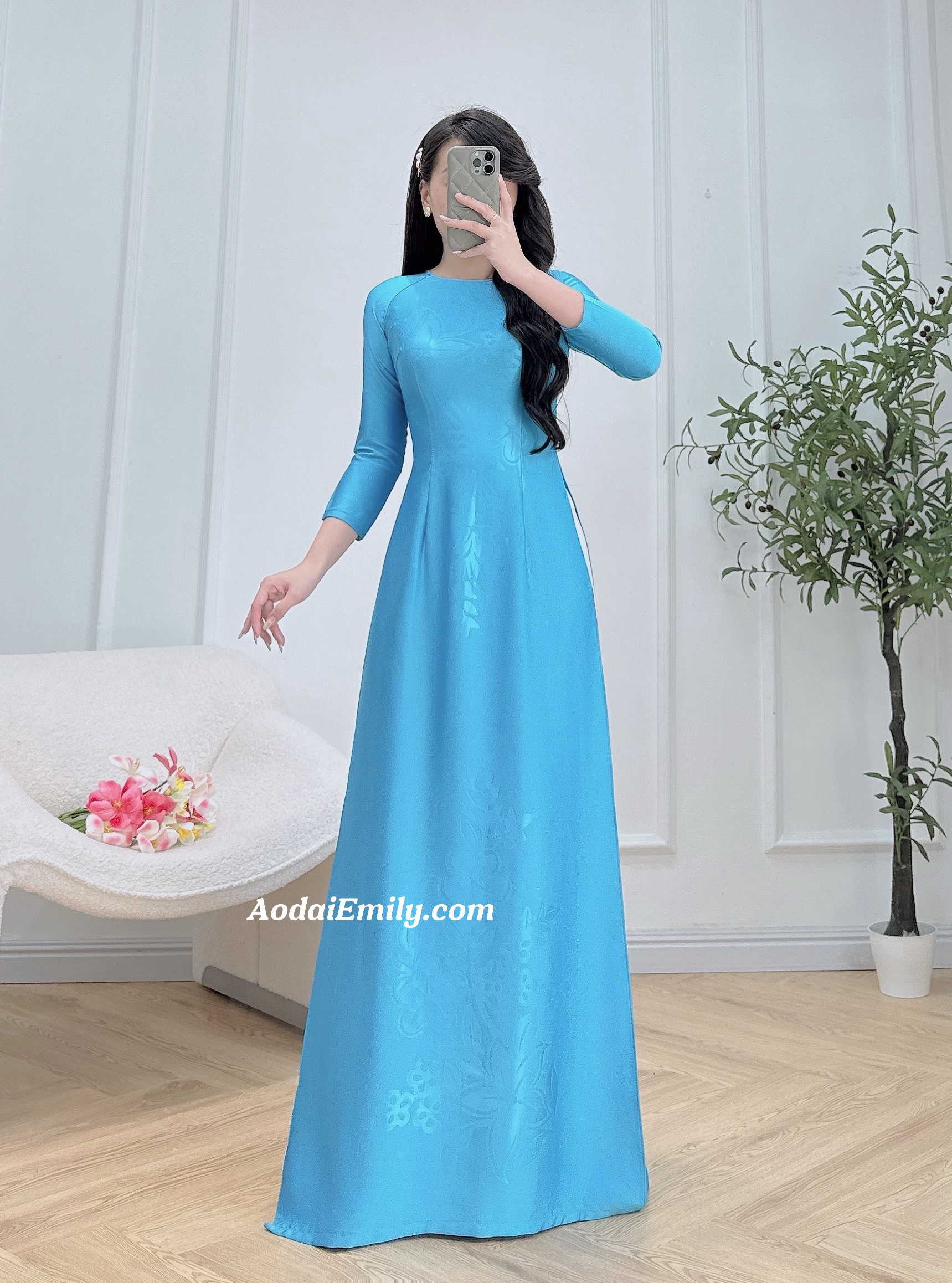 Blue ao dai with round collar