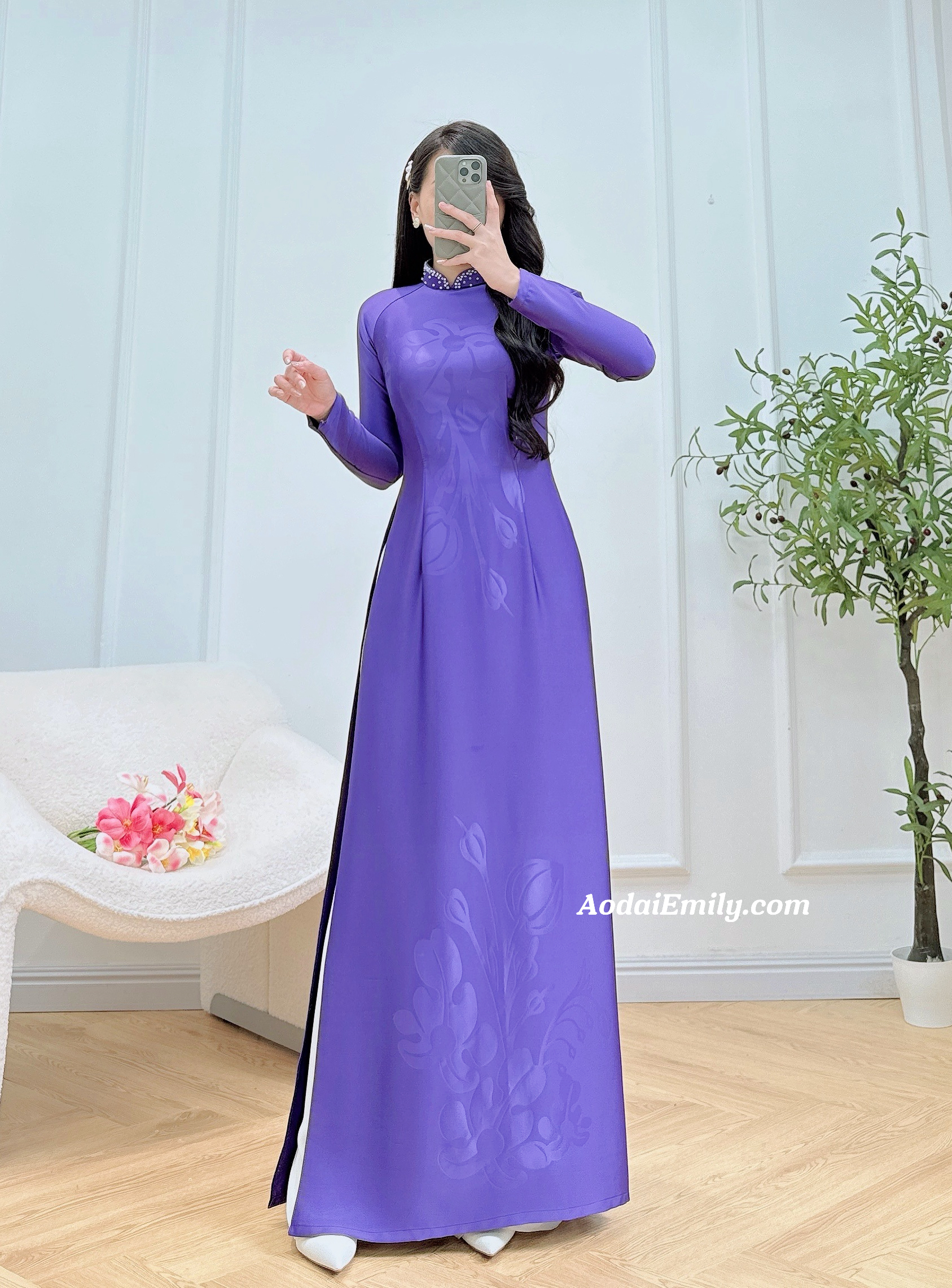 Purple ao dai with simple crystals rhinestones