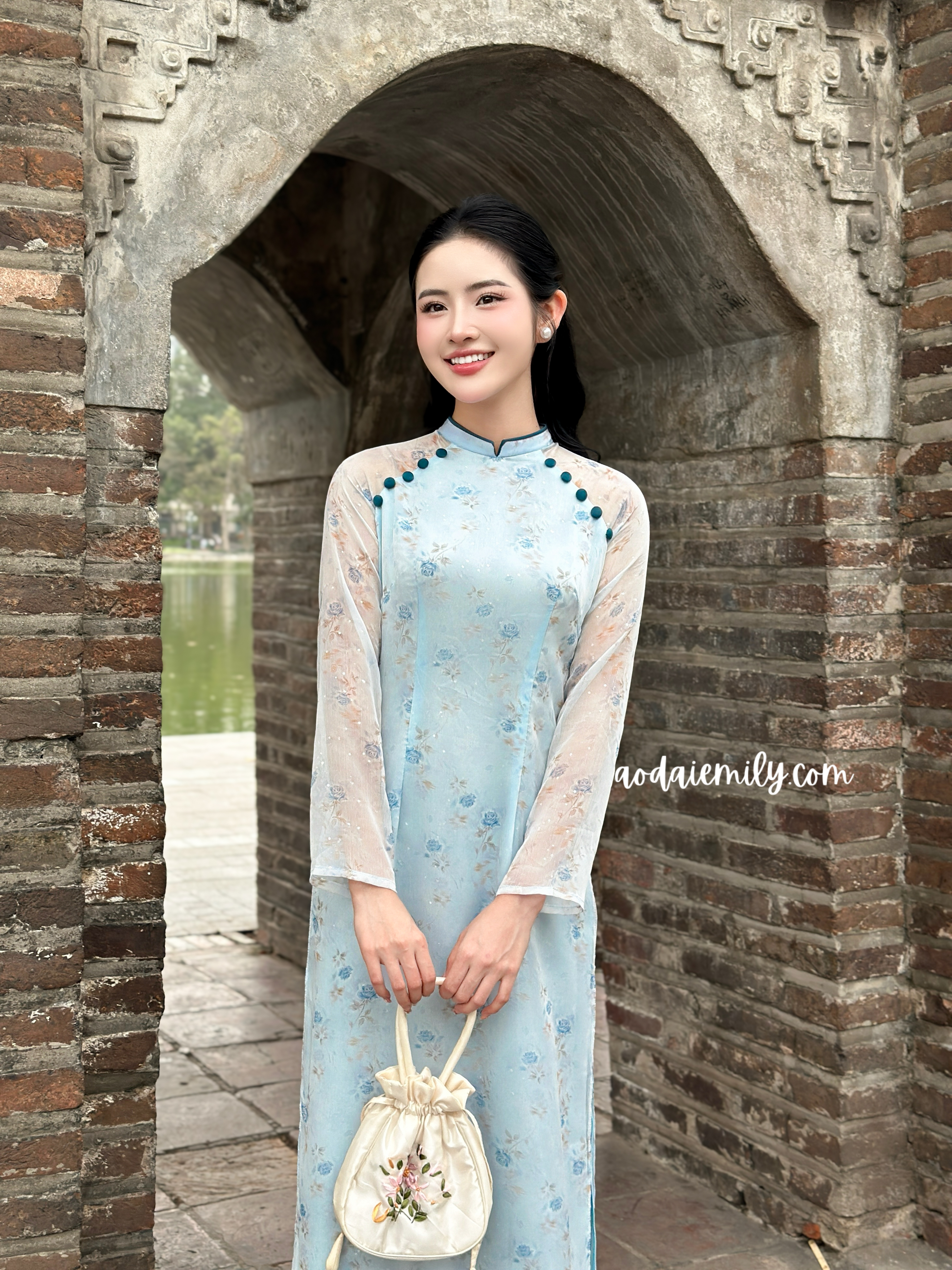 Baby Blue Mini Flowers Double layers Ao Dai