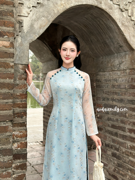 LILITH Baby Blue Mini Flowers Double layers Ao Dai