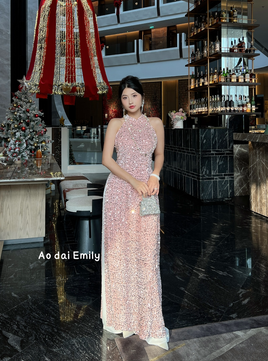 Sleeveless Pink sparkling sequins Pre made ao dai