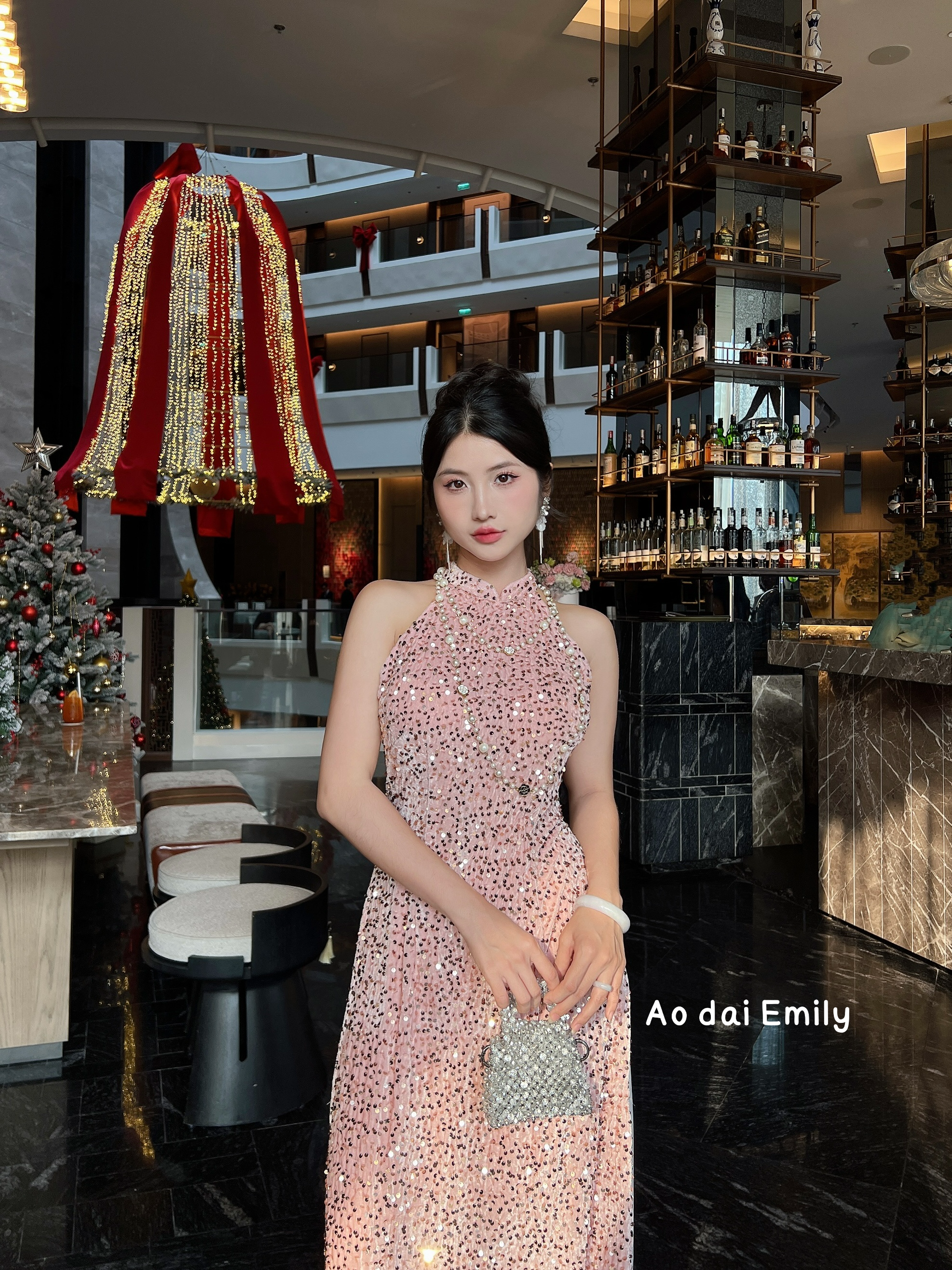 Sleeveless Pink sparkling sequins Pre made ao dai