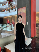 Black velvet Sleeveless Pre made ao dai with crystals