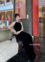 Black velvet Sleeveless Pre made ao dai with crystals