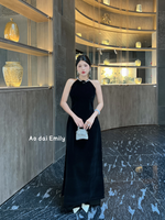 Black velvet Sleeveless Pre made ao dai with crystals