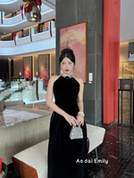 Black velvet Sleeveless Pre made ao dai with crystals