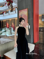 Black velvet Sleeveless Pre made ao dai with crystals