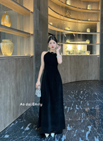 Black velvet Sleeveless Pre made ao dai with crystals
