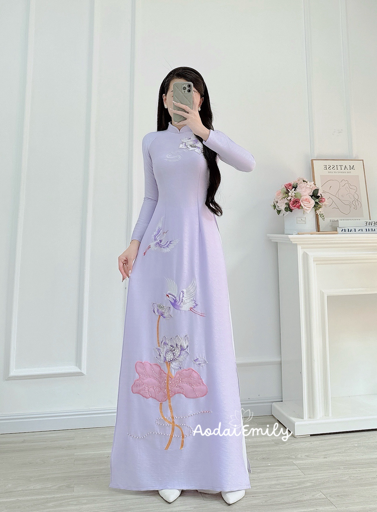 Purple Lotus embroidery with hand beading crystals Ao dai