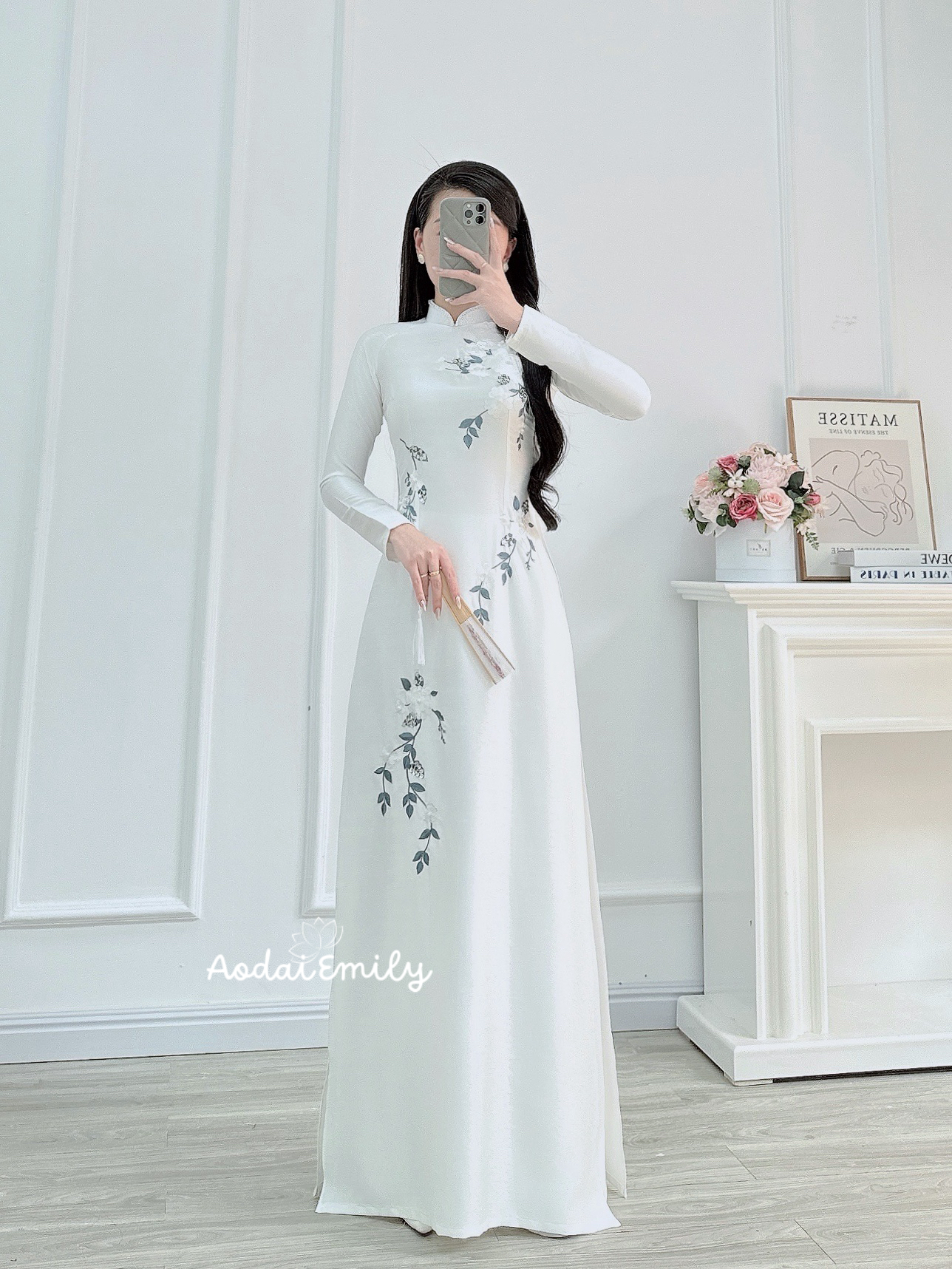 EVERLY White Pre made embroidery ao dai with hand beading crystals