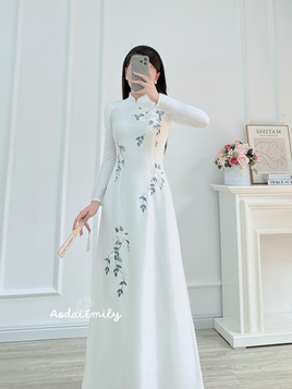 EVERLY White Pre made embroidery ao dai with hand beading crystals