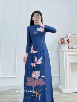 NOA Dark Blue Lotus embroidery with hand beading crystals Ao dai