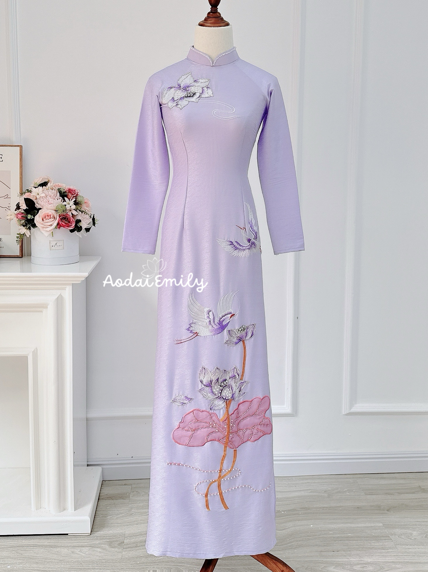 Purple Lotus embroidery with hand beading crystals Ao dai