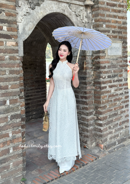 ROSE White Lace Sleeveless Ao Dai