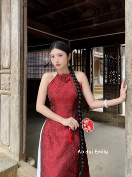Burgundy Sleeveless Ao dai with 3D Design flower