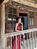 Burgundy Sleeveless Ao dai with 3D Design flower