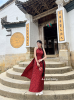 Burgundy Sleeveless Ao dai with 3D Design flower