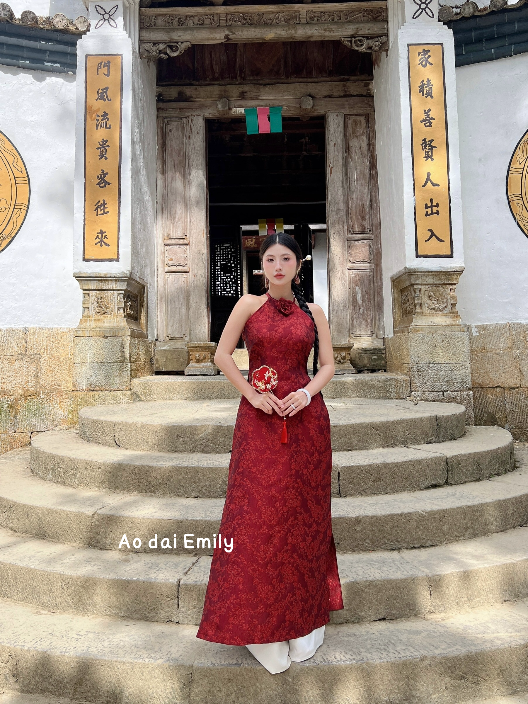 Burgundy Sleeveless Ao dai with 3D Design flower