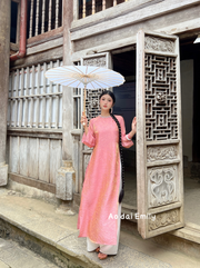 Pink Modern Loosing style ao dai with crystal round collar| Celosia