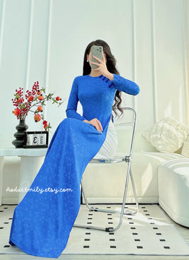 SUTTON Ao dài lụa gấm Blue Pre made ao dai Vietnam with buttons