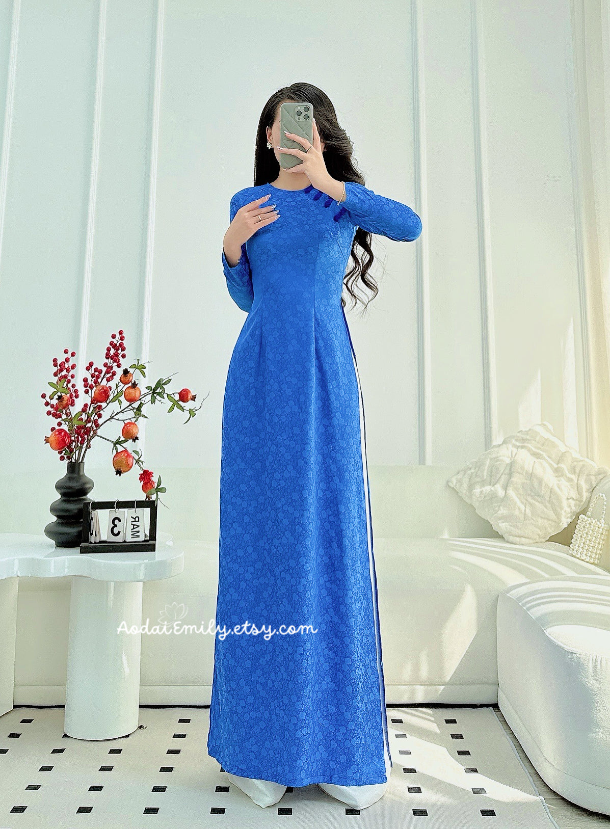 Ao dài lụa gấm Blue Pre made ao dai Vietnam with buttons