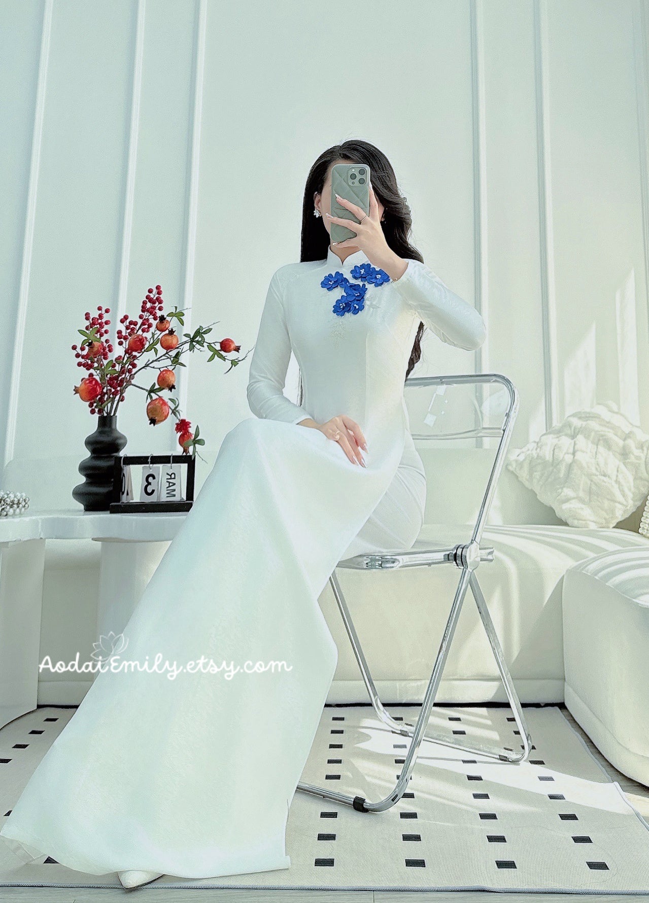 Ao Dài lụa with 3D flowers and crystals