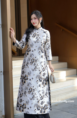 ELLE Black/gold Taffeta ao dai set with Cherry Blossom flowers pattern