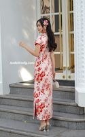 KIANA Mandarin Dress with Red Cherry blossom patterns