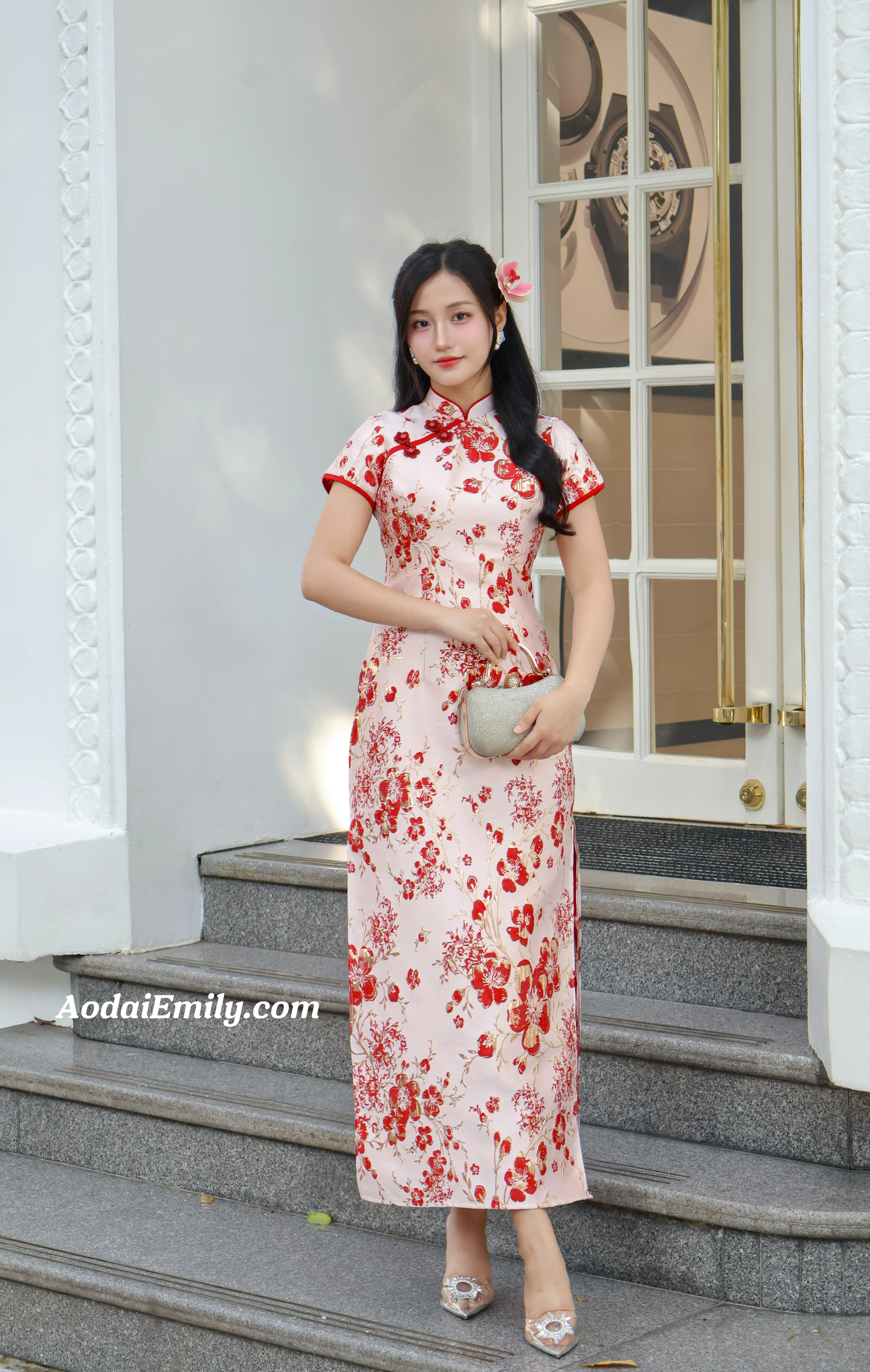 Mandarin Dress with Red Cherry blossom patterns