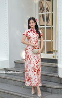 KIANA Mandarin Dress with Red Cherry blossom patterns